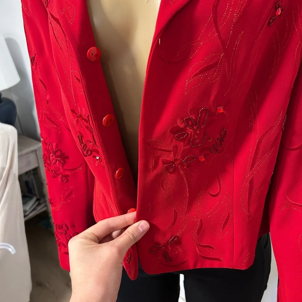 John Meyer of Norwich Red Embroidered Beaded Blazer Jacket Womens 14 NWT 792037A